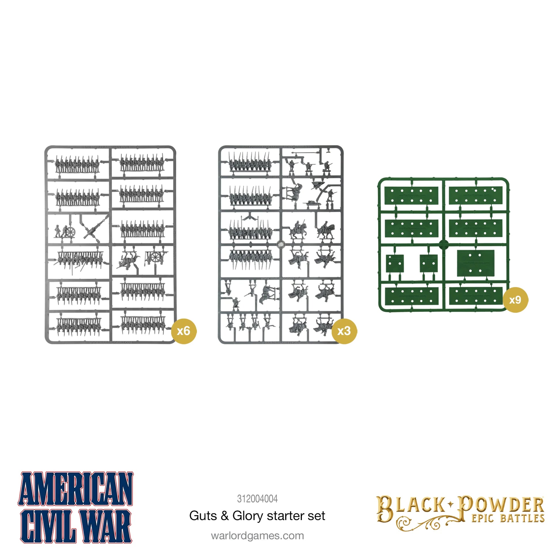 Black Powder Epic Battles American Civil War Guts & Glory Starter Set - trzy sprusy plastikowe: 6x szary sprus piechoty ACW z figurkami żołnierzy, armat i dowódców, 3x szary sprus kawalerii i dismounted cavalry, 9x zielony sprus podstawek - Warlord Games 312004004 - warlordgames.com
