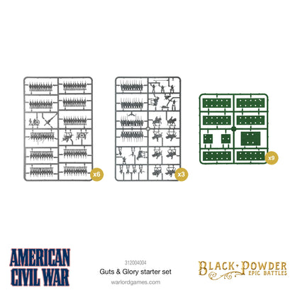 Black Powder Epic Battles American Civil War Guts & Glory Starter Set - trzy sprusy plastikowe: 6x szary sprus piechoty ACW z figurkami żołnierzy, armat i dowódców, 3x szary sprus kawalerii i dismounted cavalry, 9x zielony sprus podstawek - Warlord Games 312004004 - warlordgames.com
