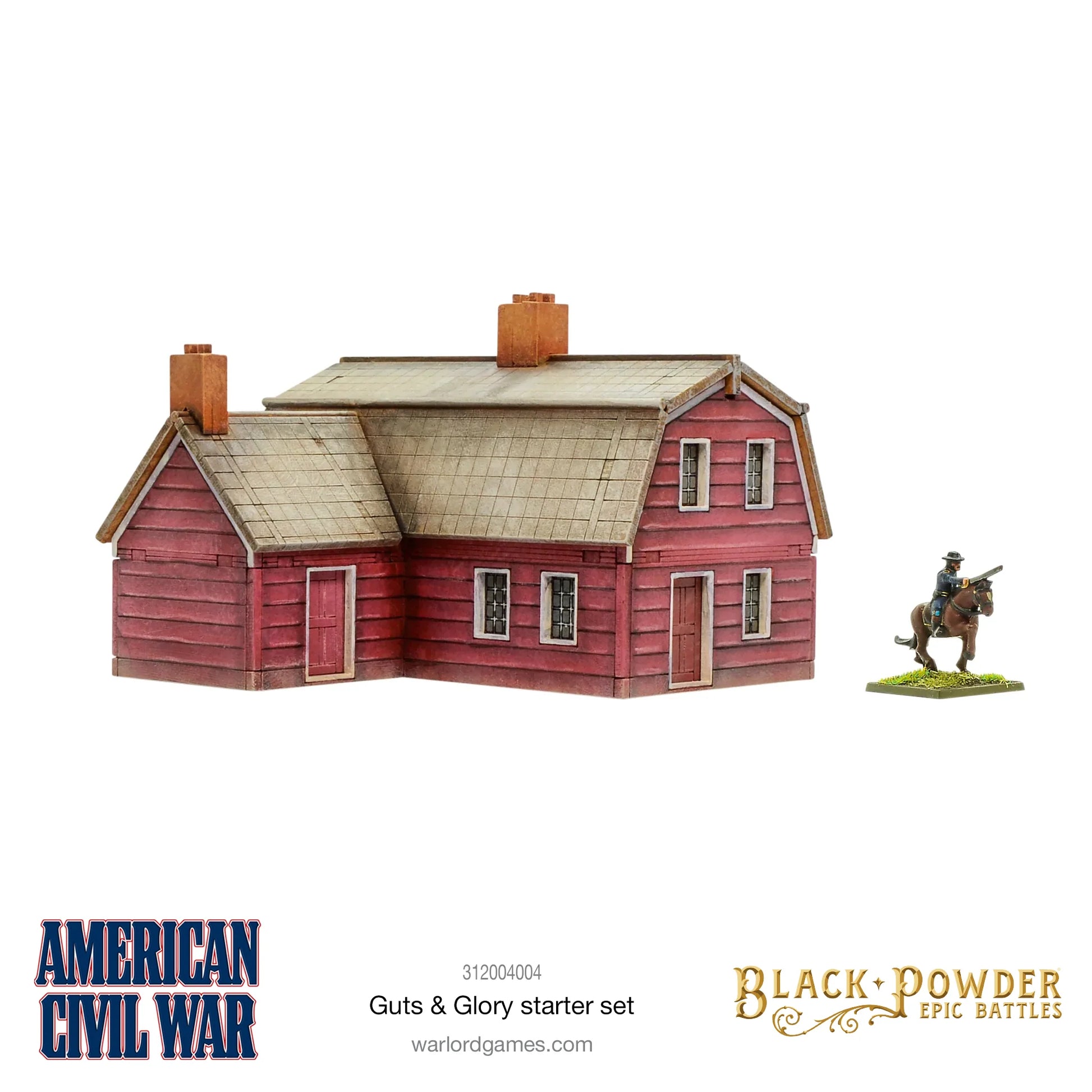 Black Powder Epic Battles American Civil War Guts & Glory Starter Set - pomalowany model stodoły MDF w stylu holenderskim z czerwonymi deskami, szarym dachem i dwoma kominami obok pomalowanej figurki kawalerzysty na koniu dla skali - Warlord Games 312004004 - warlordgames.com

