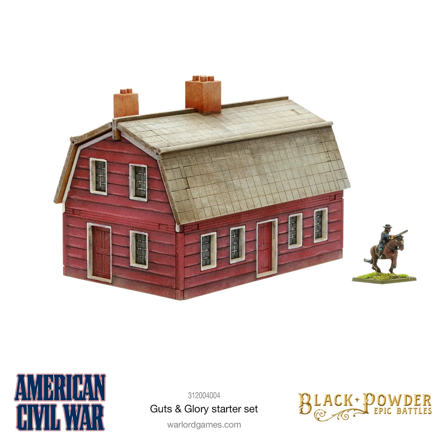 Black Powder Epic Battles American Civil War Guts & Glory Starter Set - pomalowany model stodoły MDF w stylu holenderskim widok z boku: czerwone deski, szary dach gambrel z dwiema lukarnami i dwoma ceglanymi kominami, białe obramowania okien i drzwi - obok pomalowana figurka kawalerzysty na koniu dla skali - Warlord Games 312004004 - warlordgames.com
