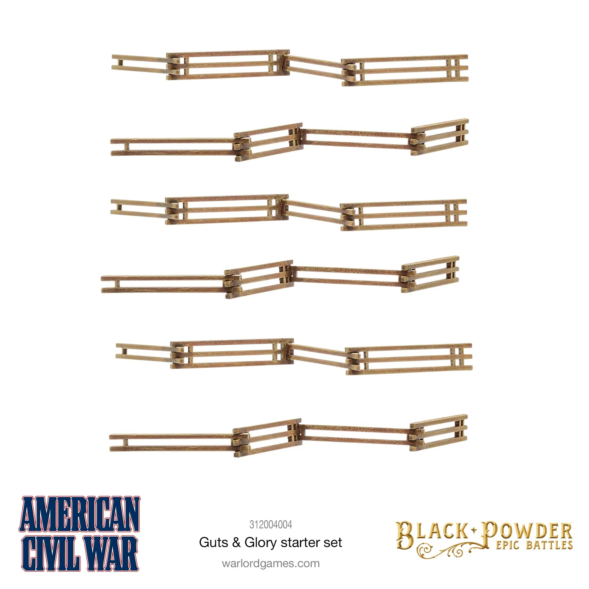 Black Powder Epic Battles American Civil War Guts & Glory Starter Set - 6 pomalowanych sekcji płotów snake fence z laser-cut MDF w kolorze brązowo-beżowym na białym tle - charakterystyczne zygzakowate płoty typowe dla pól bitew Amerykańskiej Wojny Domowej - Warlord Games 312004004 - warlordgames.com
