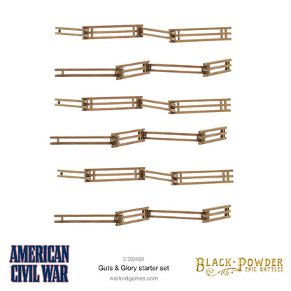 Black Powder Epic Battles American Civil War Guts & Glory Starter Set - 6 pomalowanych sekcji płotów snake fence z laser-cut MDF w kolorze brązowo-beżowym na białym tle - charakterystyczne zygzakowate płoty typowe dla pól bitew Amerykańskiej Wojny Domowej - Warlord Games 312004004 - warlordgames.com
