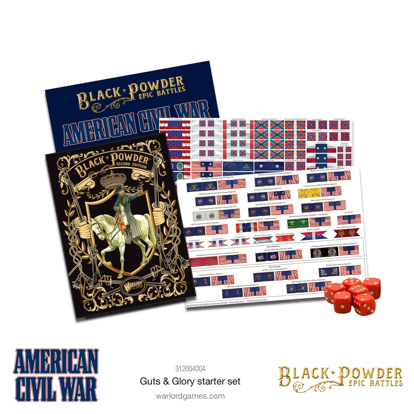 Black Powder Epic Battles American Civil War Guts & Glory Starter Set - zawartość papierowa zestawu: czarna książka zasad Black Powder Second Edition, granatowy booklet American Civil War, dwa arkusze flag Unii i Konfederacji z dziesiątkami kolorowych flag regimentów oraz 6 czerwonych kości D6 - Warlord Games 312004004 - warlordgames.com
