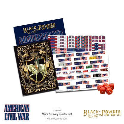 Black Powder Epic Battles American Civil War Guts & Glory Starter Set - zawartość papierowa zestawu: czarna książka zasad Black Powder Second Edition, granatowy booklet American Civil War, dwa arkusze flag Unii i Konfederacji z dziesiątkami kolorowych flag regimentów oraz 6 czerwonych kości D6 - Warlord Games 312004004 - warlordgames.com
