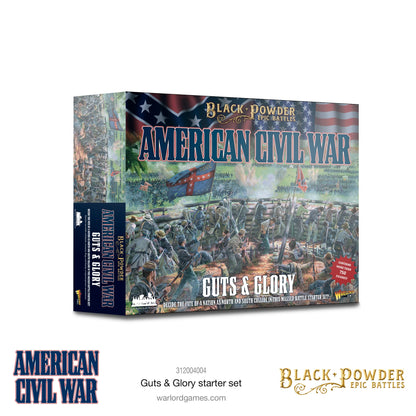 Black Powder Epic Battles American Civil War Guts & Glory Starter Set - pudełko zestawu startowego z ilustracją przedstawiającą szturm Konfederatów na umocnienia Unii pod flagami obu stron - napis Guts & Glory Decide the fate of a nation as North and South collide in this massed battle starter set - Contains more than 750 figures - Warlord Games 312004004 - warlordgames.com
