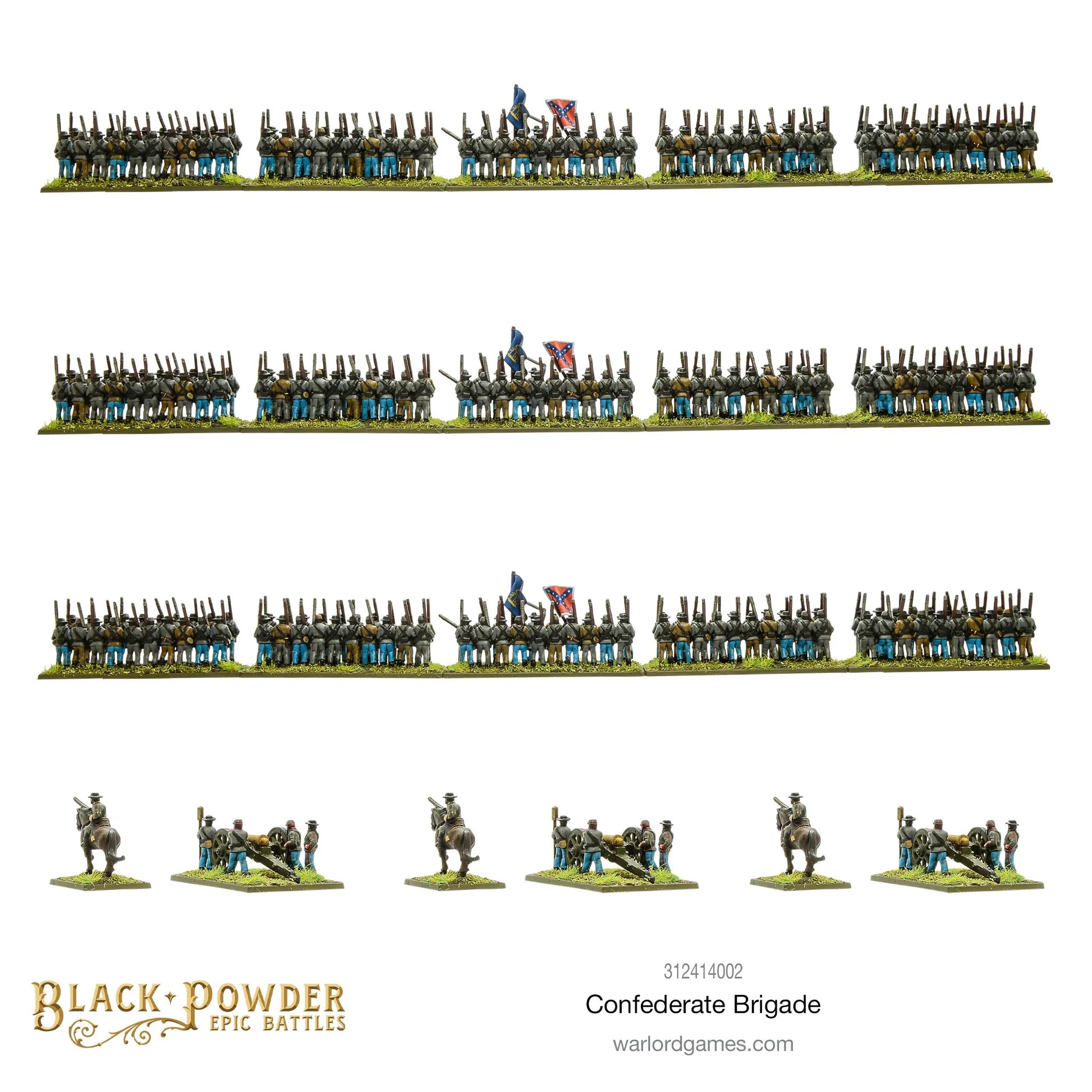 Black Powder Epic Battles ACW Confederate Brigade - 3 pomalowane regimenty piechoty Konfederatów w szaro-niebieskich mundurach ustawione w rzędach z flagami Battle Flag i State Flag pośrodku każdego regimentu oraz 3 armaty z obsługą i 3 dowódców konnych - ok. 300 figurek 15mm - Warlord Games 312414002 - warlordgames.com
