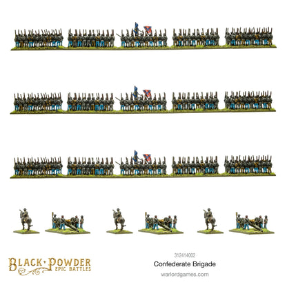 Black Powder Epic Battles ACW Confederate Brigade - 3 pomalowane regimenty piechoty Konfederatów w szaro-niebieskich mundurach ustawione w rzędach z flagami Battle Flag i State Flag pośrodku każdego regimentu oraz 3 armaty z obsługą i 3 dowódców konnych - ok. 300 figurek 15mm - Warlord Games 312414002 - warlordgames.com
