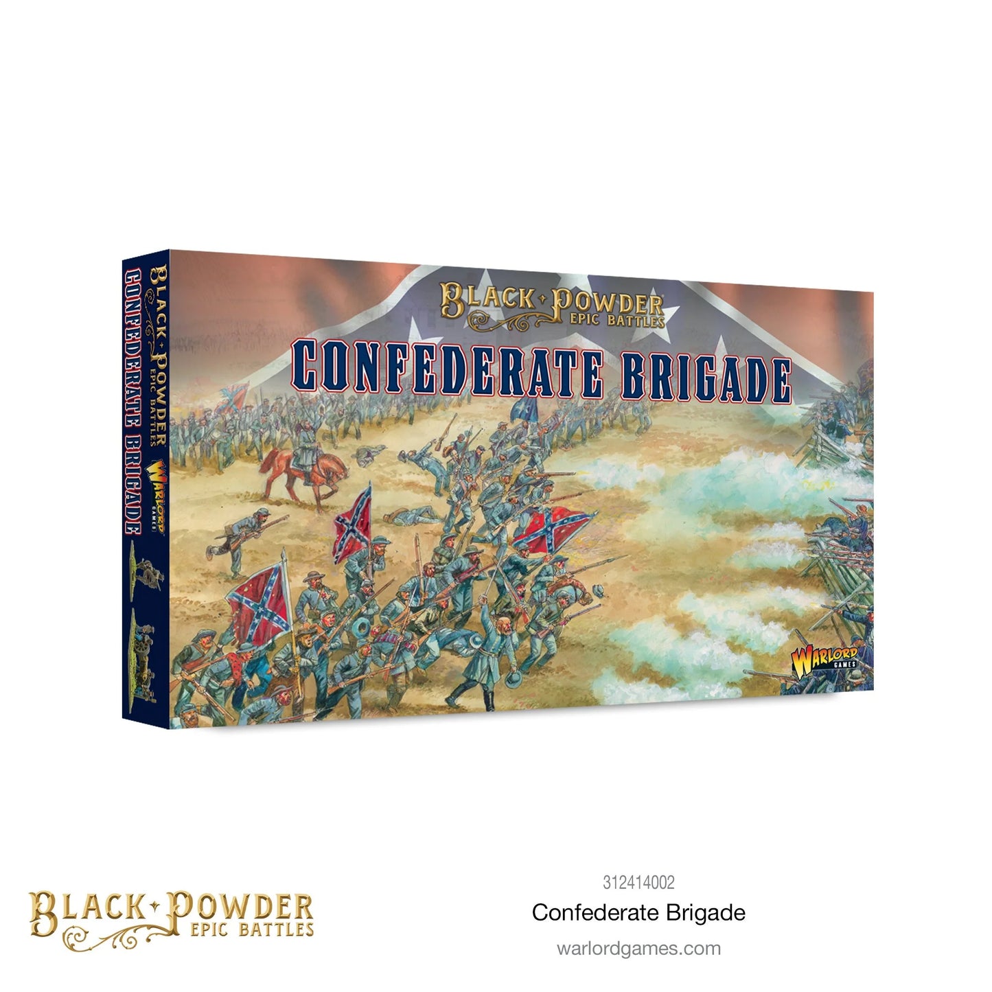 Black Powder Epic Battles ACW Confederate Brigade - pudełko zestawu z ilustracją przedstawiającą szarżujących żołnierzy Konfederacji z flagami Battle Flag pod wielką flagą Konfederacji - napis Confederate Brigade na granatowym tle - Warlord Games 312414002 - warlordgames.com
