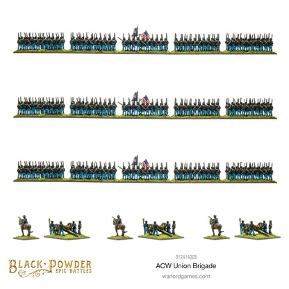 Black Powder Epic Battles ACW Union Brigade - 3 pomalowane regimenty piechoty Unii w ciemnoniebieskich mundurach i niebieskich spodniach ustawione w rzędach z flagami Stars and Stripes i regimenalnymi pośrodku każdego regimentu oraz 3 armaty z obsługą i 3 dowódców konnych - ok. 300 figurek 15mm - Warlord Games 312414003 - warlordgames.com
