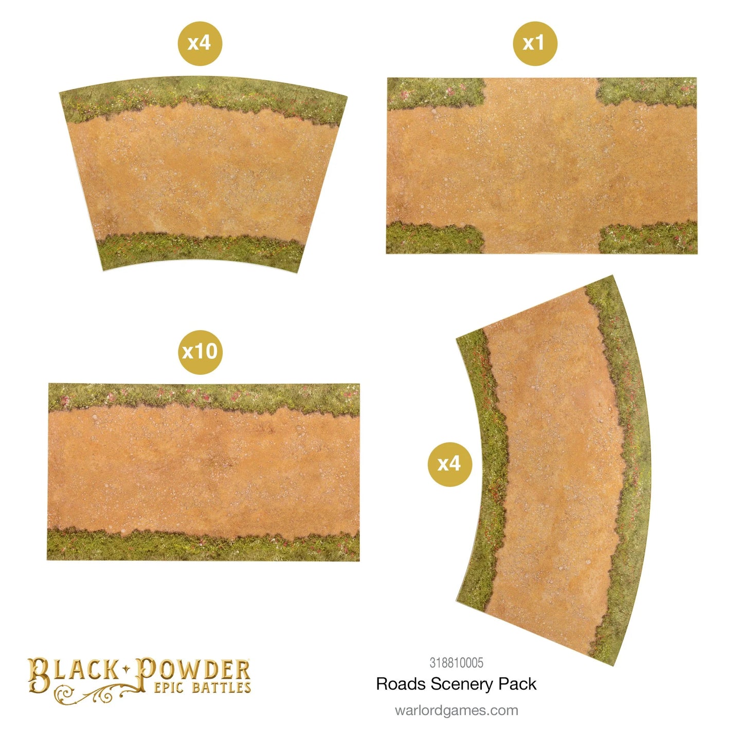 Roads Scenery Pack 318810005 MDF - Zestaw Dróg - zawartość zestawu sekcje proste i zakręty Warlord Games
