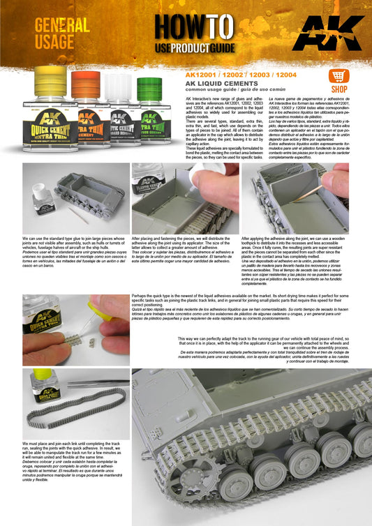 AK Interactive Quick Cement Extra Thin AK12001 – instrukcja użycia: aplikacja kleju pędzelkiem na elementy modelu, łączenie ogniw gąsienicy i dużych powierzchni plastikowych
