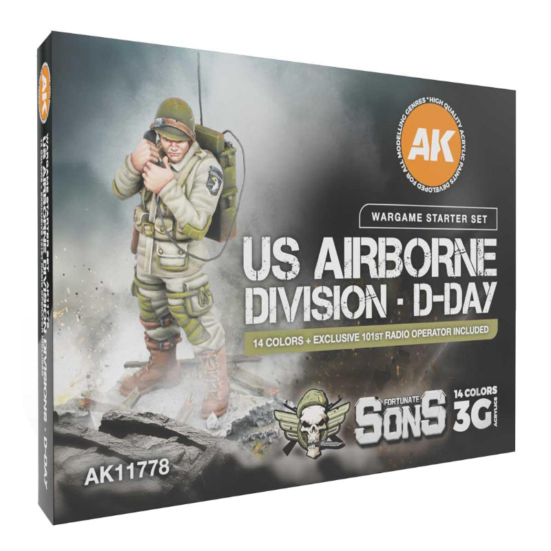 US Airborne Division D-Day AK11778 Wargame Starter Set Fortunate Sons - 14 kolorów 3G Acrylics + ekskluzywna figurka 101st Radio Operator - AK Interactive
