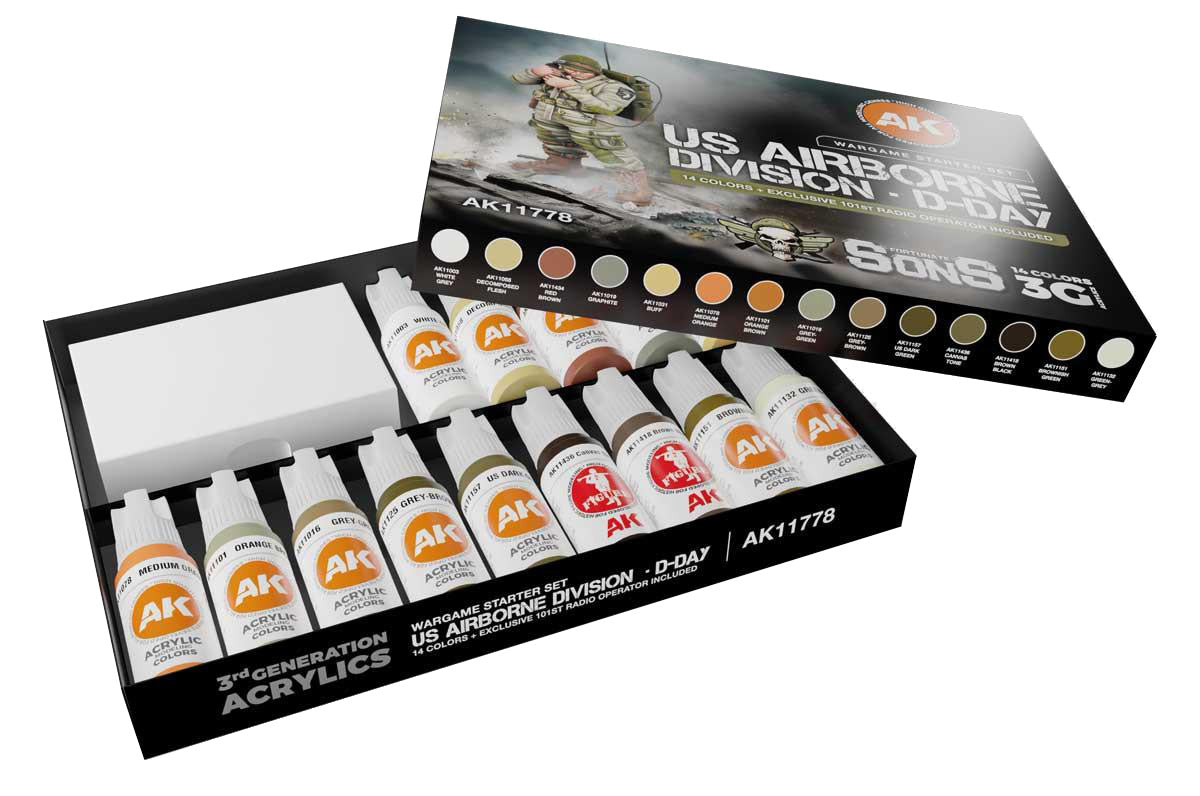 US Airborne Division D-Day Wargame Starter Set AK11778 - otwarte pudełko z 14 farbami 3G i ekskluzywną figurką radiooperatora 101st - AK Interactive
