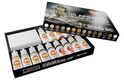 US Airborne Division D-Day Wargame Starter Set AK11778 - otwarte pudełko z 14 farbami 3G i ekskluzywną figurką radiooperatora 101st - AK Interactive
