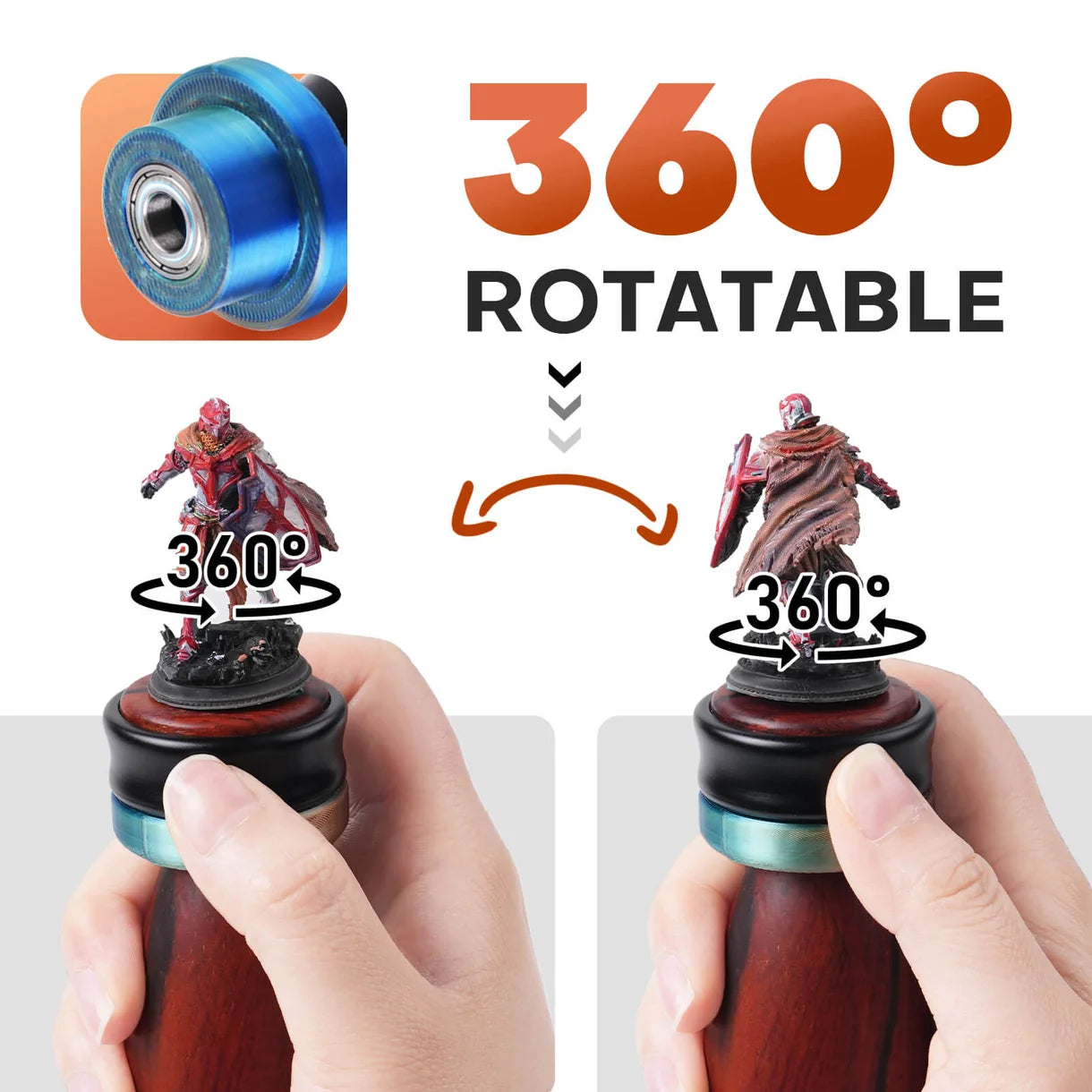 360° Sandalwood Painting Handle Golden Maple – infografika obrotu 360°: dwie dłonie obracające uchwyt z figurką rycerza fantasy (przód i tył), zbliżenie na niebieski pierścień łożyska kulkowego; napis "360° Rotatable", białe tło

