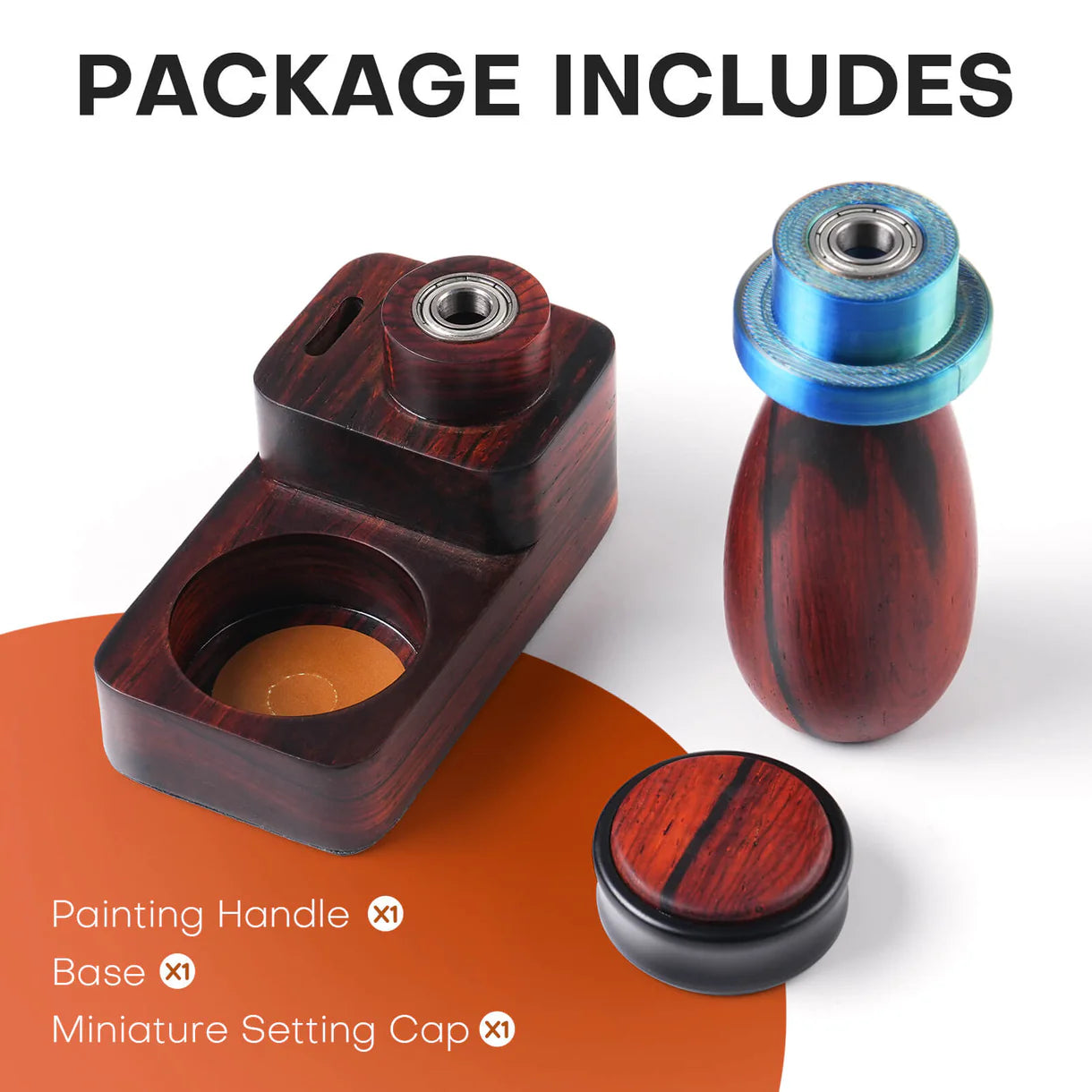 360° Sandalwood Painting Handle Golden Maple – infografika obrotu 360°: dwie dłonie obracające uchwyt z figurką rycerza fantasy (przód i tył), zbliżenie na niebieski pierścień łożyska kulkowego; napis "360° Rotatable", białe tło
