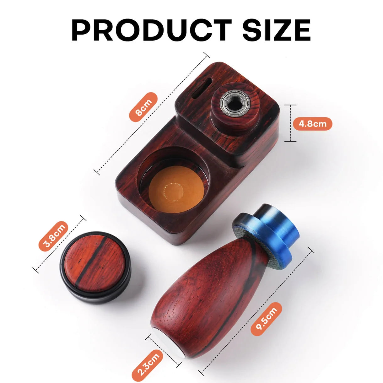 360° Sandalwood Painting Handle Golden Maple – schemat wymiarów rozłożonych elementów: podstawa 8cm × 4,8cm z łożyskiem kulkowym i gniazdem na uchwyt, nasadka do figurek średnica 3,8cm, uchwyt 9,5cm długości i 2,3cm szerokości z niebieskim pierścieniem obrotowym; napis "Product Size", białe tło
