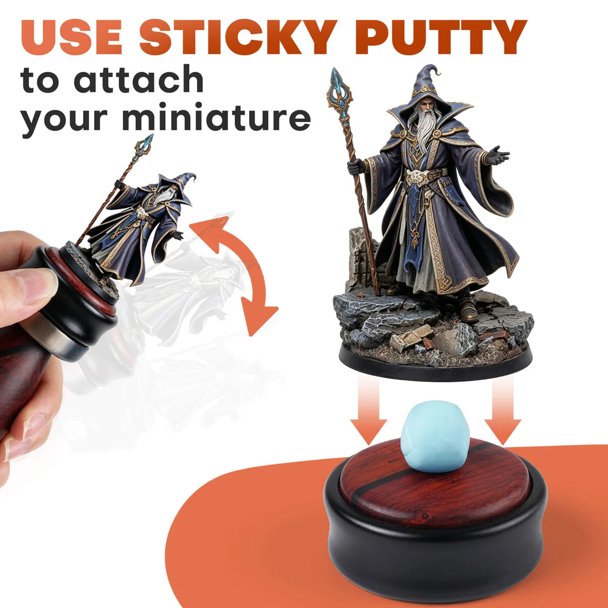 360° Sandalwood Painting Handle Golden Maple – instrukcja mocowania figurki: dłoń trzymająca uchwyt z figurką czarodzieja DnD, strzałki pokazujące nakładanie turkusowej masy Sticky Putty na nasadkę przed umieszczeniem figurki; napis "Use Sticky Putty to attach your miniature", białe tło
