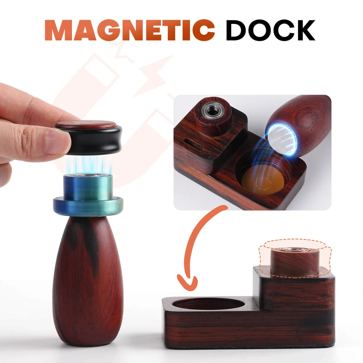 360° Sandalwood Painting Handle Golden Maple – infografika systemu magnetycznego Magnetic Dock: uchwyt z nasadką i niebieskim pierścieniem obrotowym, zbliżenie na magnes w podstawie (świecący), strzałka pokazująca dokowanie uchwytu do podstawy z drewna sandałowego; napis "Magnetic Dock", białe tło
