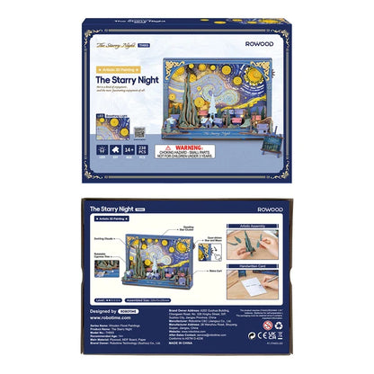 Gwiaździsta Noc The Starry Night Rowood TH003 – gotowy model na okrągłym drewnianym tacy obok miniaturowej sztalugi z obrazem