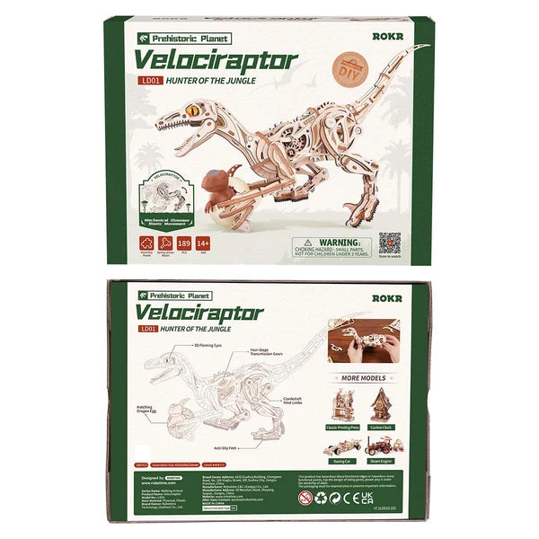Velociraptor ROKR LD01 – zbliżenie na głowę modelu z bursztynowymi świecącymi oczami, otwartą paszczą i rzędami ostrych zębów
