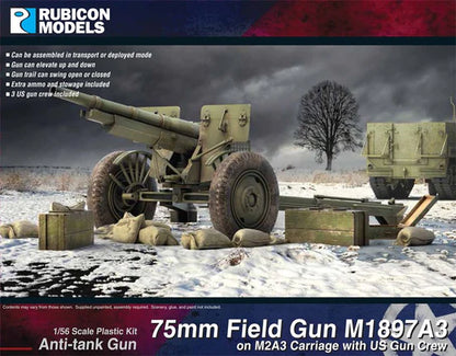 75mm Field Gun M1897A3 na lawecie M2A3 z obsługą US Army – Rubicon Models 280127, skala 1:56, Bolt Action WWII