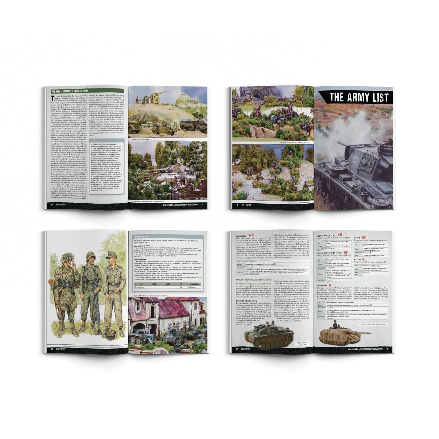 Bolt Action Armies of Germany Third Edition 401012002 – cztery rozkładówki książki: górny rząd – strona historyczna o Heer z fotografiami stołów bitewnych i pojazdów oraz strona The Army List z czołgiem Panzer IV; dolny rząd – strona z ilustracjami mundurów żołnierzy i scenografią oraz strona z listami armii i statystykami jednostek, Warlord Games Osprey Games
