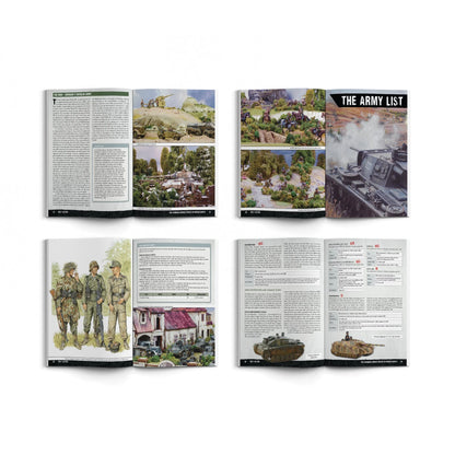 Bolt Action Armies of Germany Third Edition 401012002 – cztery rozkładówki książki: górny rząd – strona historyczna o Heer z fotografiami stołów bitewnych i pojazdów oraz strona The Army List z czołgiem Panzer IV; dolny rząd – strona z ilustracjami mundurów żołnierzy i scenografią oraz strona z listami armii i statystykami jednostek, Warlord Games Osprey Games
