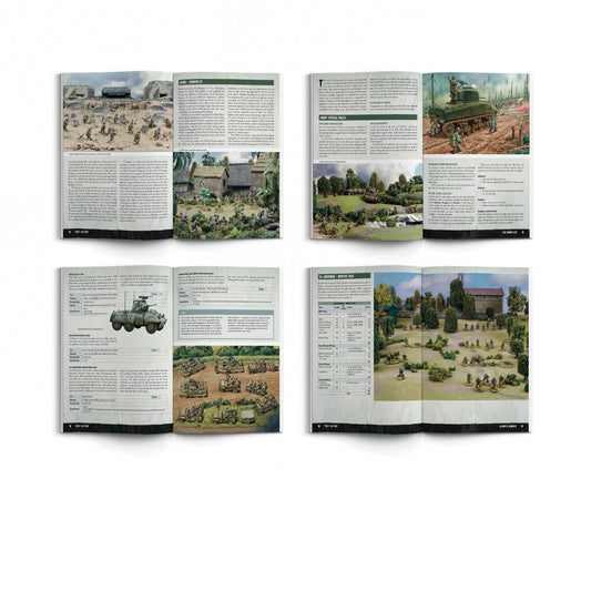 Bolt Action Armies of the United States Third Edition 401013001 – cztery rozkładówki książki: górny rząd – strona historyczna Semper Fi z fotografiami stołów bitewnych i pojazdów oraz strona Army Special Rules z czołgiem Sherman i zasadami specjalnymi; dolny rząd – strona z profilami jednostek Reconnaissance i US Airborne z pojazdami oraz strona Sample Armies z listą 101st Airborne Winter 1944 i stołem bitewnym, Warlord Games Osprey Games