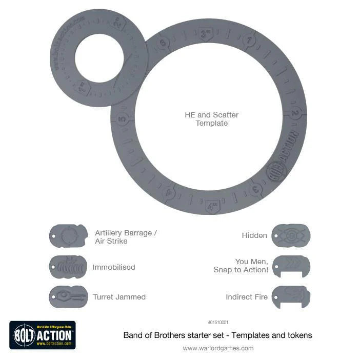 Bolt Action Templates - szary karton: duży szablon HE and Scatter Template z koncentrycznymi kołami 1", 2", 3" i mniejszy szablon rozrzutu, 6 tokenów statusu (Artillery Barrage/Air Strike, Immobilised, Turret Jammed, Hidden, You Men Snap to Action, Indirect Fire) - oficjalne szablony i tokeny Bolt Action - Warlord Games