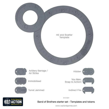 Bolt Action Templates - szary karton: duży szablon HE and Scatter Template z koncentrycznymi kołami 1", 2", 3" i mniejszy szablon rozrzutu, 6 tokenów statusu (Artillery Barrage/Air Strike, Immobilised, Turret Jammed, Hidden, You Men Snap to Action, Indirect Fire) - oficjalne szablony i tokeny Bolt Action - Warlord Games