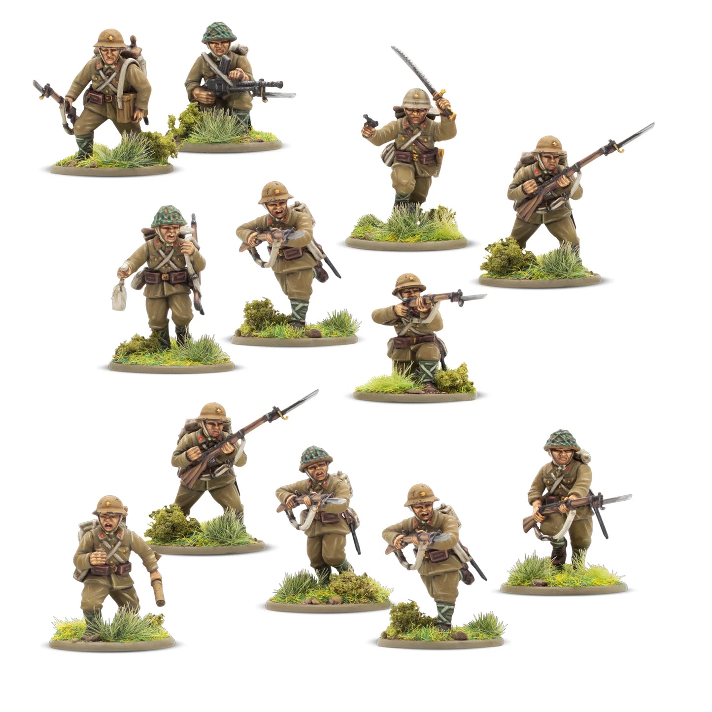 Bolt Action Third Edition Island Assault! 401510008 – 12 pomalowanych plastikowych figurek japońskiej piechoty 28mm w mundurach khaki z brązowym ekwipunkiem: różne pozy bojowe – biegnąca z bagnetem, celująca z pistoletu, klęcząca z karabinem, atakująca z mieczem, strzelająca z LMG, okrągłe i owalne podstawki z trawą, białe tło, Warlord Games
