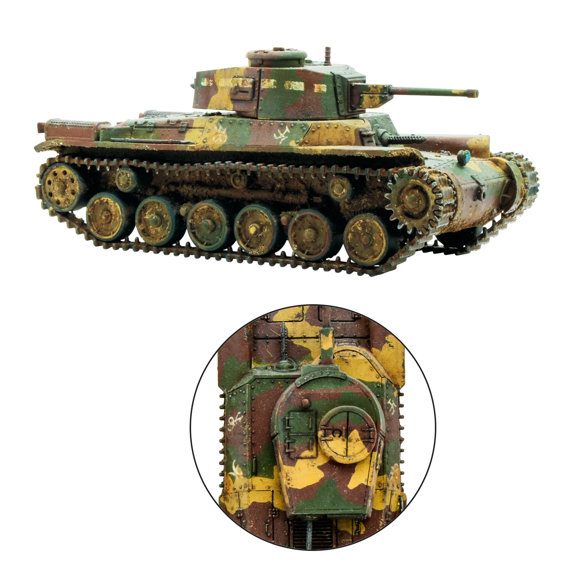 Bolt Action Third Edition Island Assault! 401510008 – pomalowany plastikowy model czołgu Chi-Ha Medium Tank 1/56 w trójkolorowym kamuflażu zielono-brązowo-żółtym z rdzawymi śladami zużycia na gąsienicach i pancerzu, biały japoński znak na wieżyczce, zbliżenie na właz kierowcy z okrągłym peryskopem, białe tło, 28mm Warlord Games
