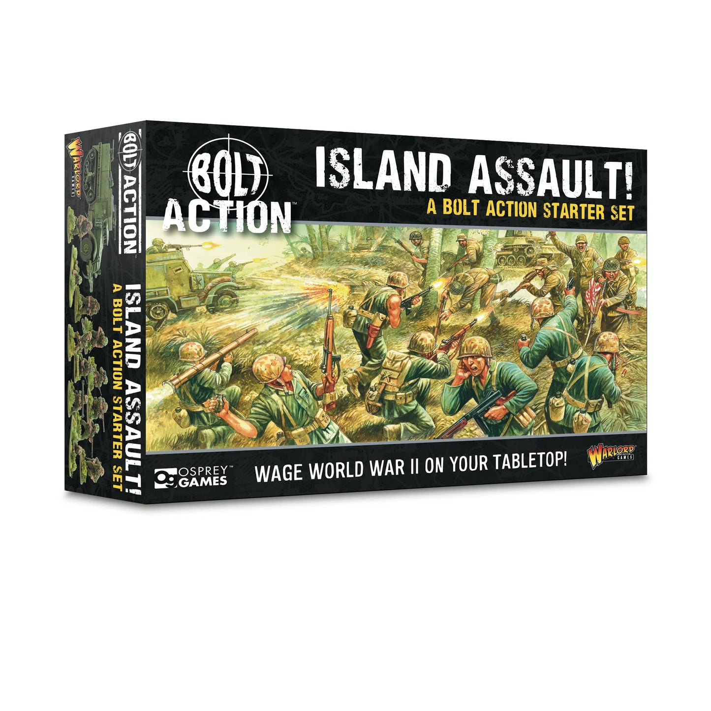 Pudełko Bolt Action Third Edition Island Assault! 401510008 – czarne pudełko z logo Bolt Action i Warlord Games, ilustracja szturmujących żołnierzy USMC w oliwkowych mundurach z karabinami M1 Garand i Thompson SMG na tle płonącego pola bitwy z M3A1 Half-track, napis Island Assault! A Bolt Action Starter Set – Wage World War II on Your Tabletop!, logo Osprey Games, białe tło
