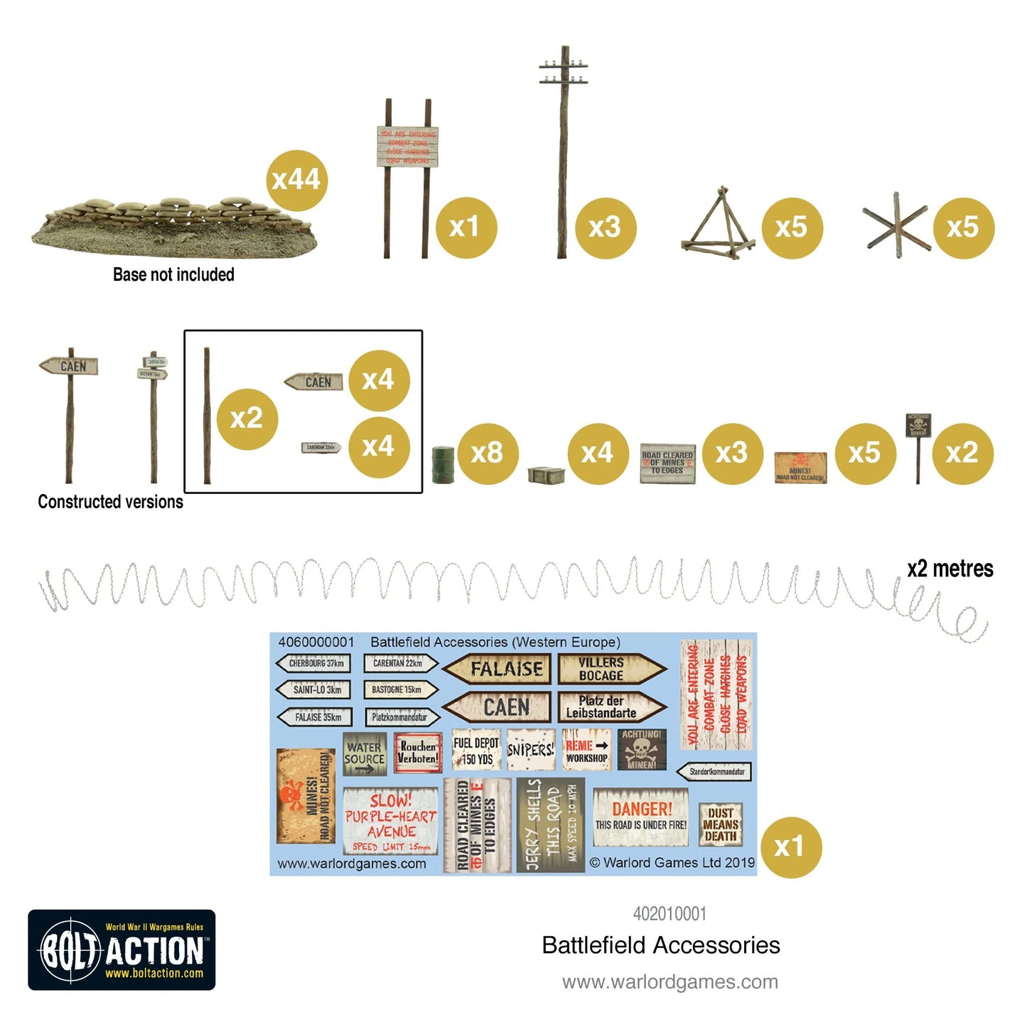 Bolt Action Battlefield Accessories 402010001 - zawartość zestawu białe tło: górny rząd - 44 worki z piaskiem sandbags na podstawce (base not included), 1 drewniany drogowskaz signpost z tablicami, 3 słupy telegraficzne telegraph poles, 5 jeży przeciwpancernych hedgehogs trójkątnych, 5 jeży hedgehogs gwiaździstych - środkowy rząd w ramce - constructed versions: 2 drogowskazy CAEN, 2 czarne słupy, 4 tablice CAEN, 4 tablice kierunkowe - dolny rząd - 8 zielonych beczek oil drums, 4 skrzynie crates, 3 białe tab