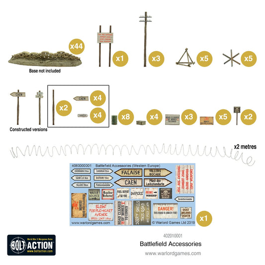 Bolt Action Battlefield Accessories 402010001 - zawartość zestawu białe tło: górny rząd - 44 worki z piaskiem sandbags na podstawce (base not included), 1 drewniany drogowskaz signpost z tablicami, 3 słupy telegraficzne telegraph poles, 5 jeży przeciwpancernych hedgehogs trójkątnych, 5 jeży hedgehogs gwiaździstych - środkowy rząd w ramce - constructed versions: 2 drogowskazy CAEN, 2 czarne słupy, 4 tablice CAEN, 4 tablice kierunkowe - dolny rząd - 8 zielonych beczek oil drums, 4 skrzynie crates, 3 białe tab
