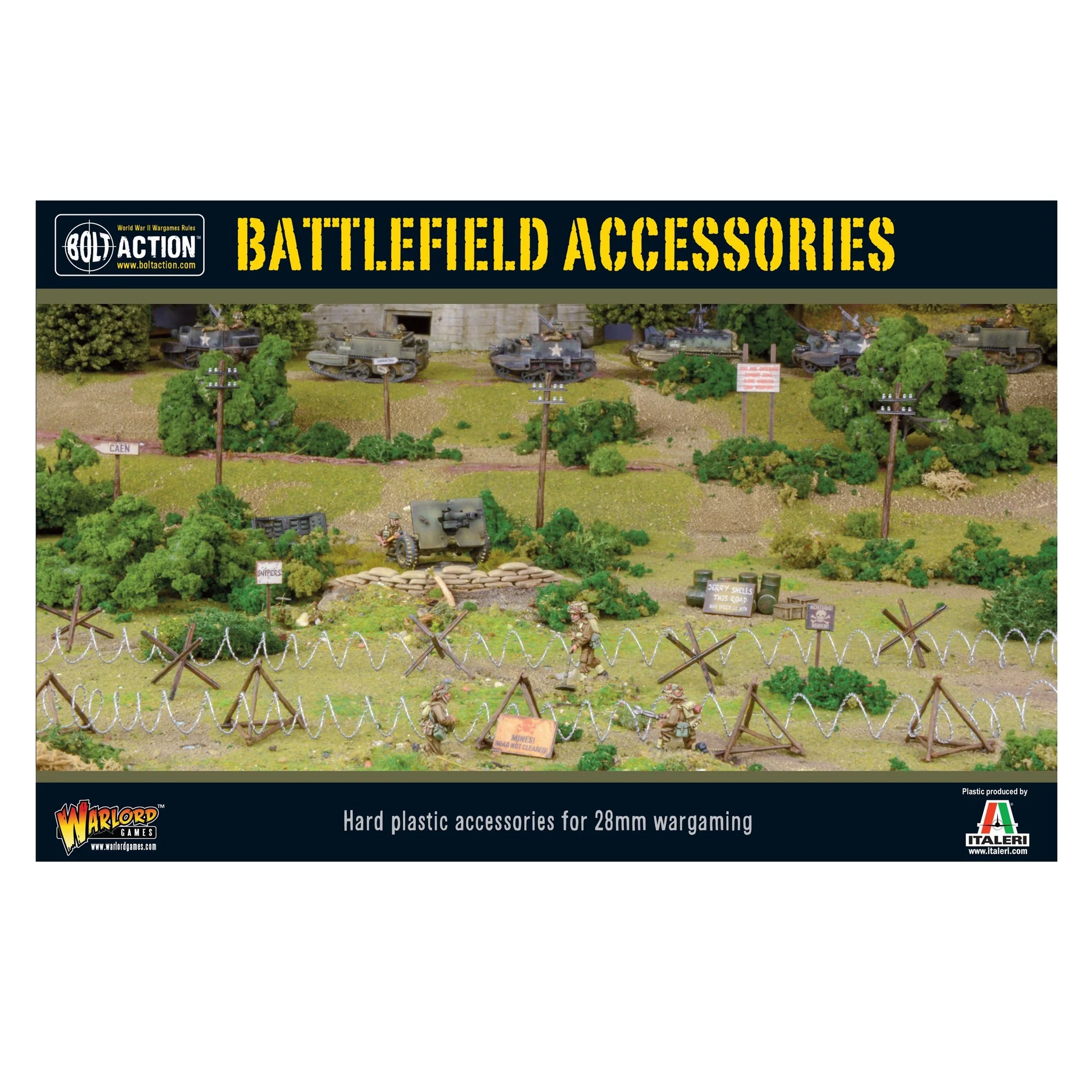 Bolt Action Battlefield Accessories 402010001 - diorama pole bitwy 28mm: zielone pole z drzewami, czołgi Sherman M4 w tle, żołnierze alianccy na pierwszym planie, pozycje obronne z worków z piaskiem, drut kolczasty na drewnianych ramach X, jeże przeciwpancerne trójkątne i gwiaździste, drogowskazy CAEN, słupy telegraficzne, skrzynie i beczki, zielone krzewy - BATTLEFIELD ACCESSORIES żółty napis na górze - Hard plastic accessories for 28mm wargaming - logo Bolt Action Warlord Games i Italeri - Plastic produce