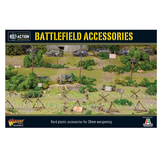 Bolt Action Battlefield Accessories 402010001 - diorama pole bitwy 28mm: zielone pole z drzewami, czołgi Sherman M4 w tle, żołnierze alianccy na pierwszym planie, pozycje obronne z worków z piaskiem, drut kolczasty na drewnianych ramach X, jeże przeciwpancerne trójkątne i gwiaździste, drogowskazy CAEN, słupy telegraficzne, skrzynie i beczki, zielone krzewy - BATTLEFIELD ACCESSORIES żółty napis na górze - Hard plastic accessories for 28mm wargaming - logo Bolt Action Warlord Games i Italeri - Plastic produce