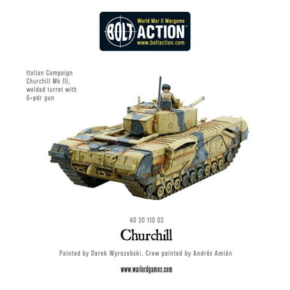 Churchill Tank MkIII - Bolt Action 28mm - widok z przodu 6pdr gun gąsienice kamuflaż pustynny - Warlord Games