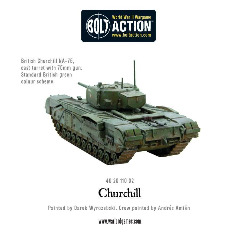 Churchill Tank NA-75 - Bolt Action 28mm - widok z przodu 75mm gun gąsienice British green - Warlord Games