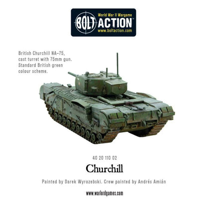 Churchill Tank NA-75 - Bolt Action 28mm - widok z przodu 75mm gun gąsienice British green - Warlord Games