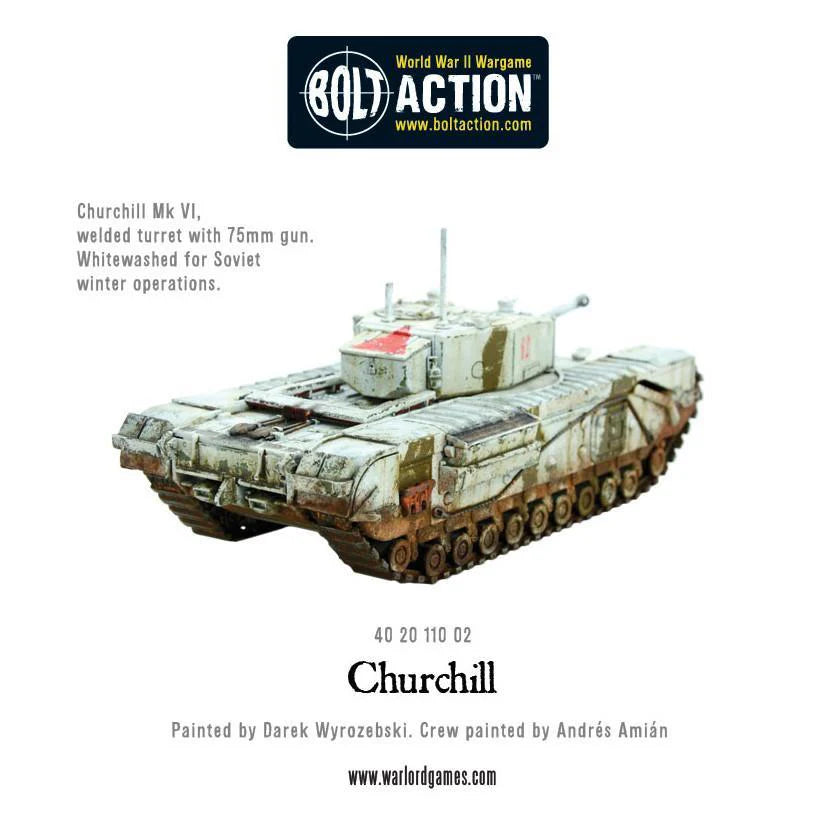 Churchill Tank MkVI - Bolt Action 28mm - widok z przodu 75mm gun whitewash kamuflaż zimowy weathering - Warlord Games