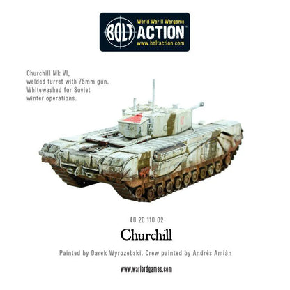 Churchill Tank MkVI - Bolt Action 28mm - widok z przodu 75mm gun whitewash kamuflaż zimowy weathering - Warlord Games