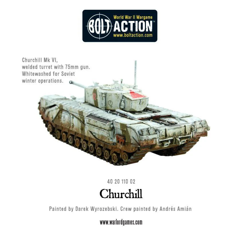 Churchill Tank MkVI - Bolt Action 28mm - widok z boku załoga whitewash kamuflaż zimowy Soviet winter - Warlord Games