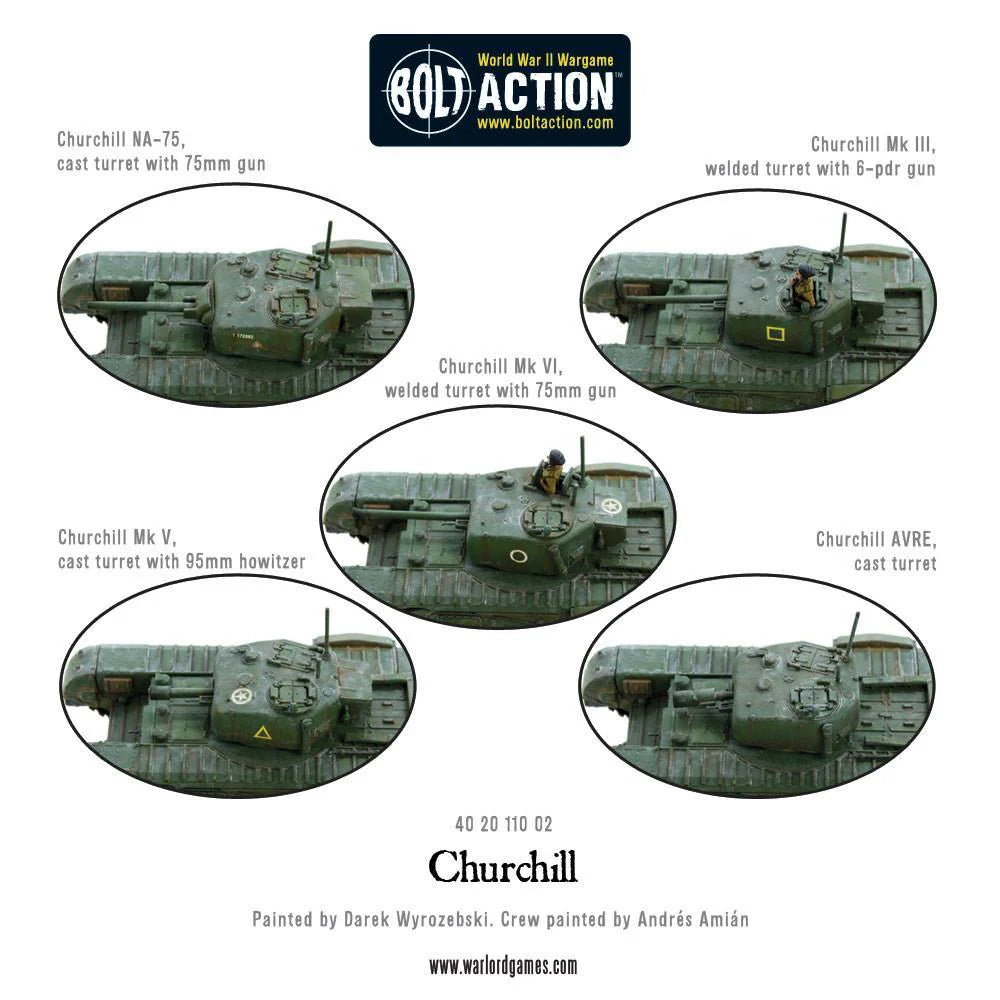  Churchill Tank - Bolt Action 28mm - porównanie 5 wersji wież NA-75 MkIII MkVI MkV AVRE - Warlord Games