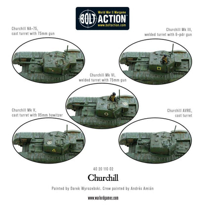  Churchill Tank - Bolt Action 28mm - porównanie 5 wersji wież NA-75 MkIII MkVI MkV AVRE - Warlord Games