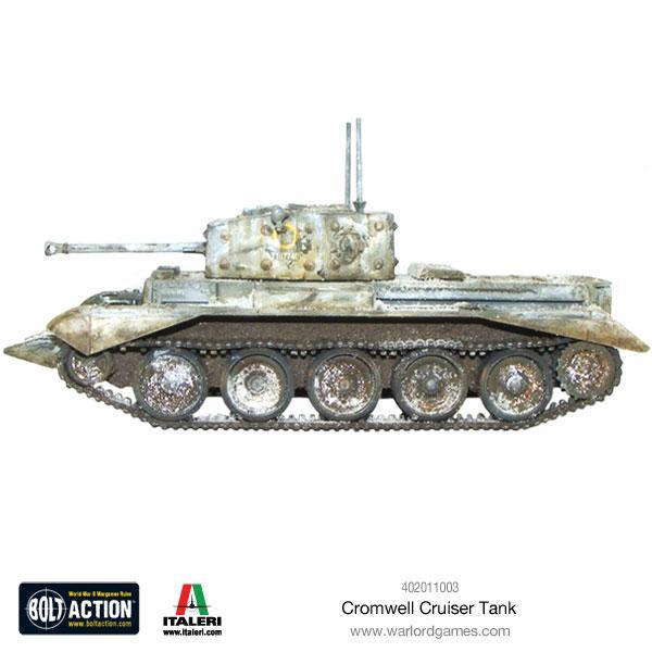 romwell Cruiser Tank - Bolt Action 28mm - widok z prawego boku whitewash kamuflaż zimowy gąsienice - Warlord Games