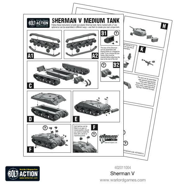 Sherman V M4A4 - Bolt Action 28mm - instrukcja montażu schemat części kadłub gąsienice wieża - Warlord Games
