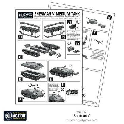 Sherman V M4A4 - Bolt Action 28mm - instrukcja montażu schemat części kadłub gąsienice wieża - Warlord Games