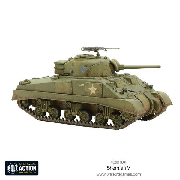 Sherman V M4A4 - Bolt Action 28mm - widok z lewego boku olive drab 75mm gun pintle HMG US markings - Warlord Games